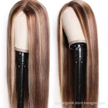 Uniky Blonde 30 Inch long Straight Brown 13*4 Transparent Lace Human Hair Wigs, 10A Highlight Body Wave Hair lace front Wigs